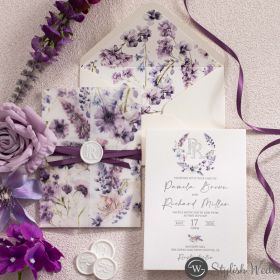 Lavender Boho Blooms Letterpress Cotton Flat Wedding Invitations With Matching Monogram And Wildflower Vellum Pocket Swpi172