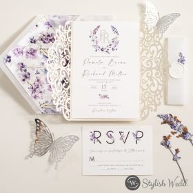 Lavender Letterpress Monogrammed Cotton Invitation With Classic Laser Cut Pocket Swws346