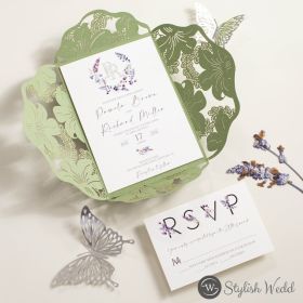 Elegant Sage Green Lily Flower Laser Cut Pocket With Lavender Letterpress Cotton Wedding Invitation Swws347