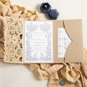 Rose Design Rectangle Tri-Fold Laser Cut Pocket With Vintage Lavender Bloom Wildflower Border Invitation Swws348