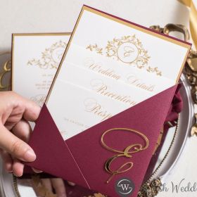 Elegant Burgundy Pocket And Gold Foiled Invitation Card With Customized Name Tag Swwp014T