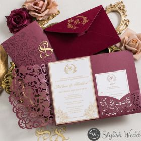 Graceful Love Heart Tri-Fold Laser Cut Pocket Wedding Invitation With Customized Name Tag Swws350T