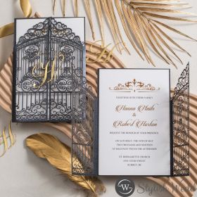Retro Iron Gate Design Laser Cut Pocket And Crown Design Wedding Invitation With Gold Name Tag Swws352T