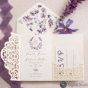 Lavish Floral Monogrammed Lavender Bliss Boho Wedding Invitation With Classic Ivory Tri-Fold Laser Cut Pocket Swws353