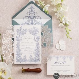 Vintage Lavender Bloom Wildflower Border Wedding Invitations With Ivory Leafy Laser Cut Pocket Swws354