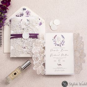 Lavender Bliss Wildflower Monogrammed Laser Cut Wedding Invitation Suite With Matching Ribbon And Wax Seal Swws355