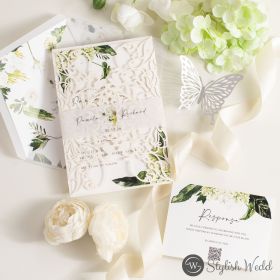 Fresh Botanical Foliage Flat Invitations With Matching Classic Ivory Laser Cut Pocket Swws356