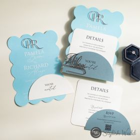 Chic Wave Shaped Invitation And Bold Semicircle Shaped Small Card With Customized Name Clip Swi158