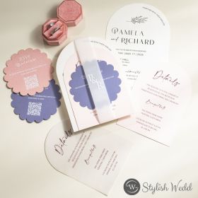 Eye-Catching Simple White Arch Shaped Invitation And Trendy Light Purple Scalloped Circle Small Card Swi159