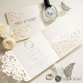 Ivory Laser Cut Wedding Invitations With Vellum Belly Band Swws358