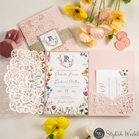 Monogrammed Modern Chic Boho Bright Wildflower Wedding Invitation With Classic Blush Pocket Swws359