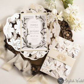 Leafy Ivory Laser Cut Pocket With Rustic Boho Greenery Leafy Border Wedding Invitation Swws361
