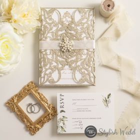 Exquisite Gold Foil Monogram Invitations With Luxurious Glitter Pocket Swws363