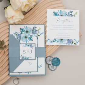 Blue Floral Pattern Wedding Invitations With Cute Tag Swi046