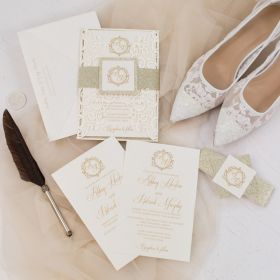 Gorgeous Couture Laser Cut Wedding Invitation In Ivory And Glitter Belly Band Swws152