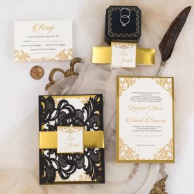 Luxury Black And Gold Laser Cut Wedding Invitations Swws153