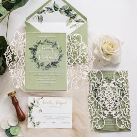 Enchanting Green Leafy Wreath Acrylic Invitation With Ivory Laser Cut Pocket Sapl004