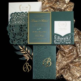 Eternal Love Emerald Green Laser Cut Tri-fold Pocket and Acrylic Wedding Invitations with Golden Name Tag CAPL049T