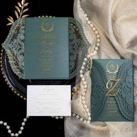 Serendipity Lace Elegance Emerald Green Pocket and Monogram Acryic Wedding Invitations with Golden Name Tag CAPL050T