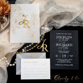 Blossoms Foil Printed Vellum Pocket with Calligraphy Acryic Wedding Invitations and Name Tag CAPV036T
