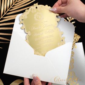 Opulent Elegant Shaped Gold Mirror Acrylic Wedding Cards CAX165