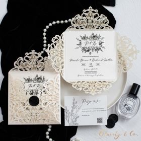 Elegant Leafy Monogram Acrylic Invitations with Classic Ivory Pocket CAPL051
