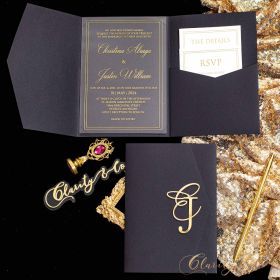 Elegant Black And Gold Theme Acrylic Wedding Invitation Suite with Gold Name Tag CAPL052T