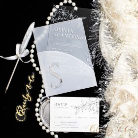 Chic Translucent Vellum and Acrylic Wedding Card with Silver Personalized Name Tag CAPV037T