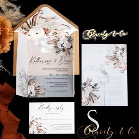 Terracotta Boho Floral Acrylic Wedding Invitation with Printed Vellum Wrap and Silver Customized Name Tag CAPV039T