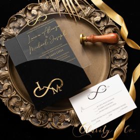 Elegant Gold Printed Acrylic Invitation With Glamorous Velvet Black Pocket CAPL060T