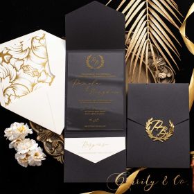 Classic Gold Printed Acrylic Wedding Invitation And Exquisite Black Pocket CAPL061T