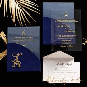 Romantic Monogram Acrylic Wedding Invitations With Royal Navy Velvet Pocket And Golden Name Tag CAPL062T