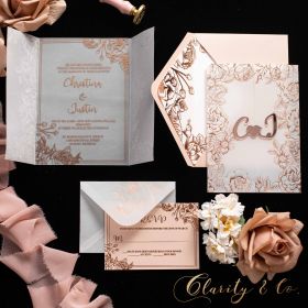 Luxury Rose Gold Foiled Vellum Pocket And Acrylic Wedding Invitation With Cutomed Name Tag CAPV043T
