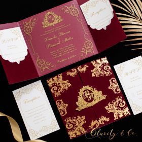 Grand Foiled Burgundy Velvet Pocket and Golden Name Tag with Gold Screen Printed Acrylic Wedding Invitation CAPL066T