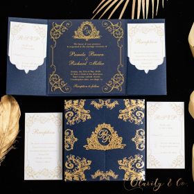 Exquisite Gold Foil Printed Navy Pocket and Golden Name Tag With Gold Screen Printed Acryic Wedding Invitation CAPL067T