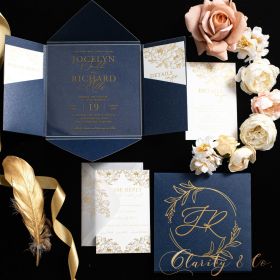 Golden Splendor Screen Printed Acrylic Invitation with Luxurious Foiled Navy Blue Pocket CAPL068
