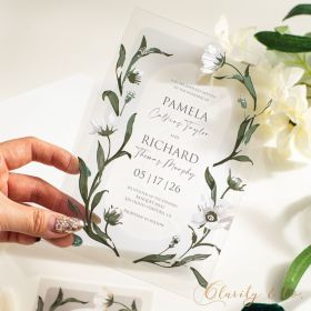 Rustic Boho Greenery Leafy Border Acrylic Wedding Invitation CAX173