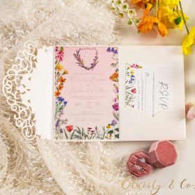 Chic Boho Bright Wildflowers Gradient Pink Acrylic Wedding Invitation with Classic Ivory Pocket CAPL074