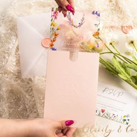 Boho Bright Wildflowers Gradient Pink Acrylic Wedding Invitation with Letterpressing Blush Pocket CAPL075