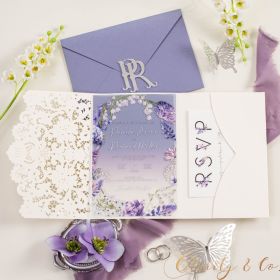 Lavender Floral Blooms Boho Acrylic Wedding Invitation with Classic Ivory Laser Cut Pocket CAPL077