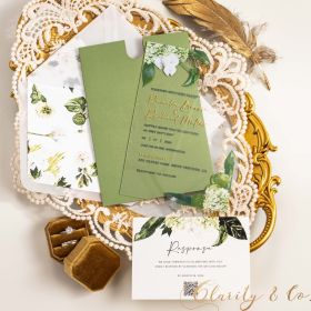 Fresh Botantial Garden Petunia Acrylic Invitation with Green Letterpressing Pocket CAPL078