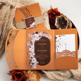 Pampas Terracotta Laser Cut Pocket with Boho Rust Wedding Invitation CAPL080