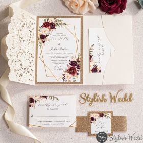 Ivory Laser Cut Pocket Fold With Floral Pattern Around Framed Wording Swws318