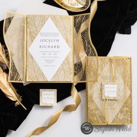 Luxurious Modern Gold Art Deco Foil Laser Cut Wedding Invitation With Printed Tag Swws320