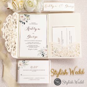 Ivory Laser Cut Pocket Wedding Invitation With Floral And Champagne Gold Glittery Backer Swws333