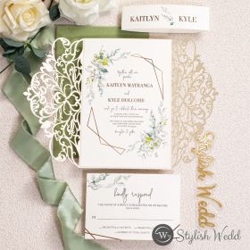 Elegant Ivory Laser Cut Wedding Invitation With Greenery Pattern Around Framed Wording Swws334