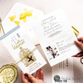 White Gold Foil Passport Wedding Invites For Destination Wedding Swfi028