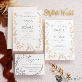 Foil Printed Leaf Border Design Luxury Letterpress Cotton Paper Wedding Invitation Swi140