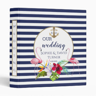 Flamingo Floral Luau Navy Blue Wedding Photo Album 3 Ring Binder