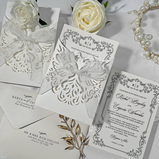 Floral Laser Cut Pocket Wedding Invitation Set, Elegant Invite & RSVP Cards